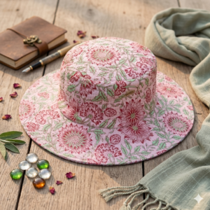 A-Blush-Sunflower-Block-Print-Wide-Brim-Hat-on-a-sunny beach-day-boho-fashion